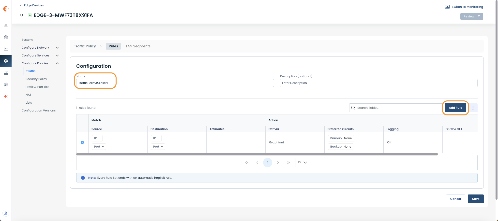 Configuration settings for traffic policy with highlighted name and add rule button.